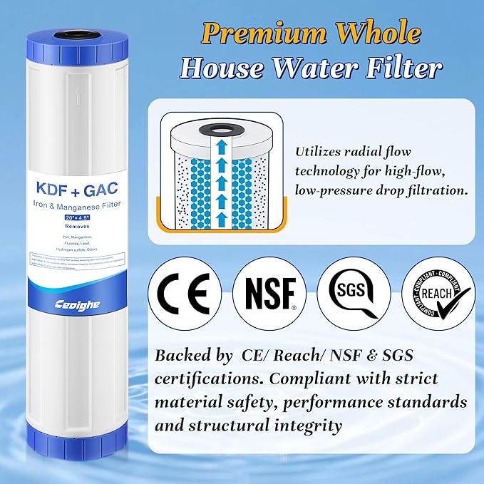 KDF-20BB & GAC Carbon Water Filter, 20'' x 4.5'' Whole House Heavy Duty Radial Flow Filter Replacement Cartridge with Kinetic Degradation Fluxion(KDF) & Granular Activated Carbon (GAC)