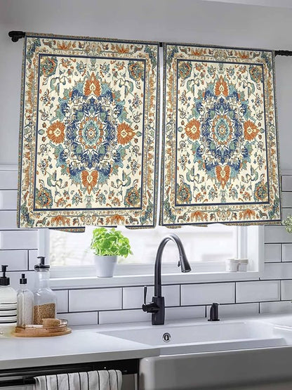 Sheer Curtains 45 Inch Length, Southwest Farmhouse Semi Sheer Curtains Light Filtering Window Treatment, Orange Blue Desert Bohemian Privacy Voile Drapes for Living Room Bedroom 52x45 Inch