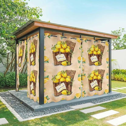 Lemon Outdoor Curtains for Patio Lemons in Baskets Summer Tropical Plant Brown Waterproof Outside Curtains with Grommet Top Weatherproof Curtain for Cabana Pergola Gazebo, 1 Panel, 54" W x 95" L