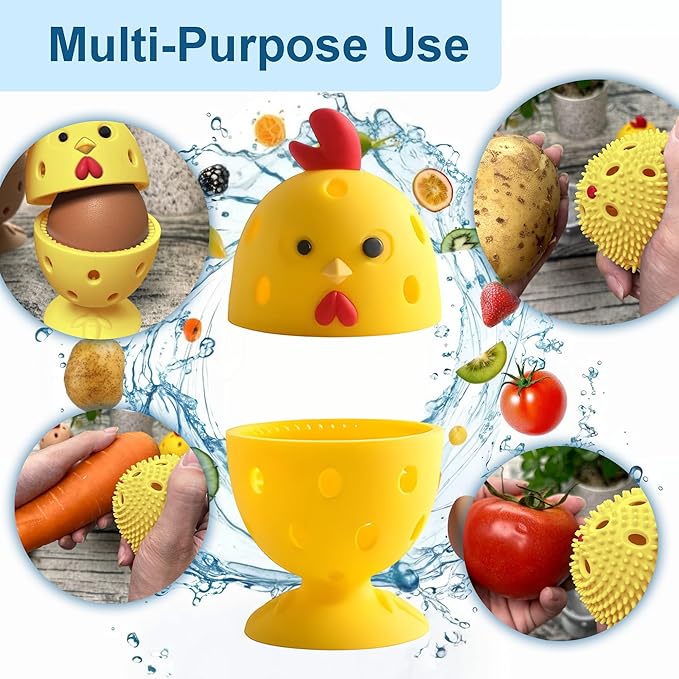 Egg Washer for Fresh Eggs, Egg Scrubber for Fresh Eggs, 2 Reusable Silicone Chicken Shaped Scrubs, Chicken Egg Cleaner, Eggshell Cleaner for Poultry Farm, Housewife Tools Vegetable Processing (Yellow)