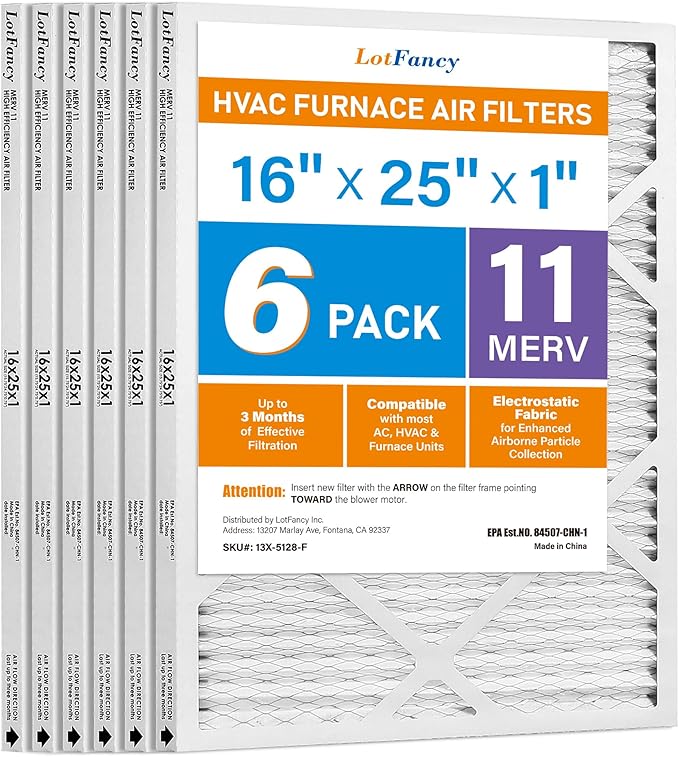 LotFancy 16x25x1 Air Filter MERV 11 6-Pack, Electrostatic Pleated AC Furnace Air Filter, Captures Dust, Smog & Pet Dander, Actual Size: 15.75"x24.75"x0.75"