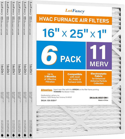 LotFancy 16x25x1 Air Filter MERV 11 6-Pack, Electrostatic Pleated AC Furnace Air Filter, Captures Dust, Smog & Pet Dander, Actual Size: 15.75"x24.75"x0.75"