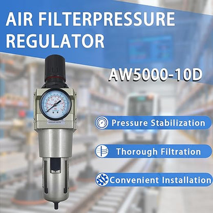 HengMinLingTong 1”NPT Compressed Air Filter Regulator Piggyback Combo, auto Drain, 5 Micron Brass Filter, Gauge and Bracket, Poly Bowl with Metal Guard AW5000-10D