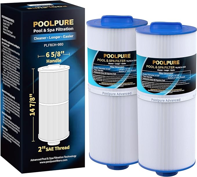 POOLPURE PLF6CH-960 Spa Filter Replaces PJW60TL-F2S, Jacuzzi Filters J-300, J400, Unicel 6CH-960, Filbur FC-2800, 6540-476, 6540-383, Hot Tub Filter with Closed Handle(Not be Removed) 2 Pack (14 7/8")