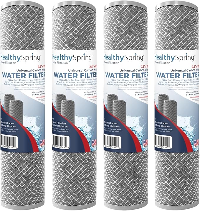 American Made, 5 Micron 2.5" x 10" Whole House CTO Carbon Sediment Water Filter Cartridge Compatible with DuPont WFPFC8002, WFPFC9001, WHCF-WHWC, FXWTC, C1, NCP-10 Made in USA, Pack of 4