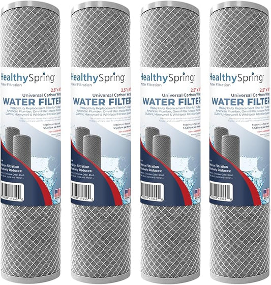 American Made, 5 Micron 2.5" x 10" Whole House CTO Carbon Sediment Water Filter Cartridge Compatible with DuPont WFPFC8002, WFPFC9001, WHCF-WHWC, FXWTC, C1, NCP-10 Made in USA, Pack of 4