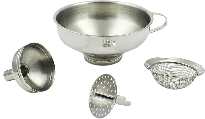 Zoie + Chloe 3-in-1 Stainless Steel Funnel Set - Kitchen Funnels with Detachable Fine Mesh Filter & Strainer for Filtering Herbs, Food Bits - Durable Stainless Steel - Ease to Use, Dishwasher Safe