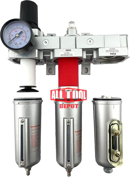 3 STAGE, HEAVY DUTY INDUSTRIAL GRADE FILTER REGULATOR COALESCING DESICCANT DRYER SYSTEM FOR COMPRESSED AIR LINE, METAL BOWLS, GREAT FOR PAINT SPRAY AND PLASMA CUTTER W/ELEMENTS(1/2"NPT, MANUAL DRAIN)