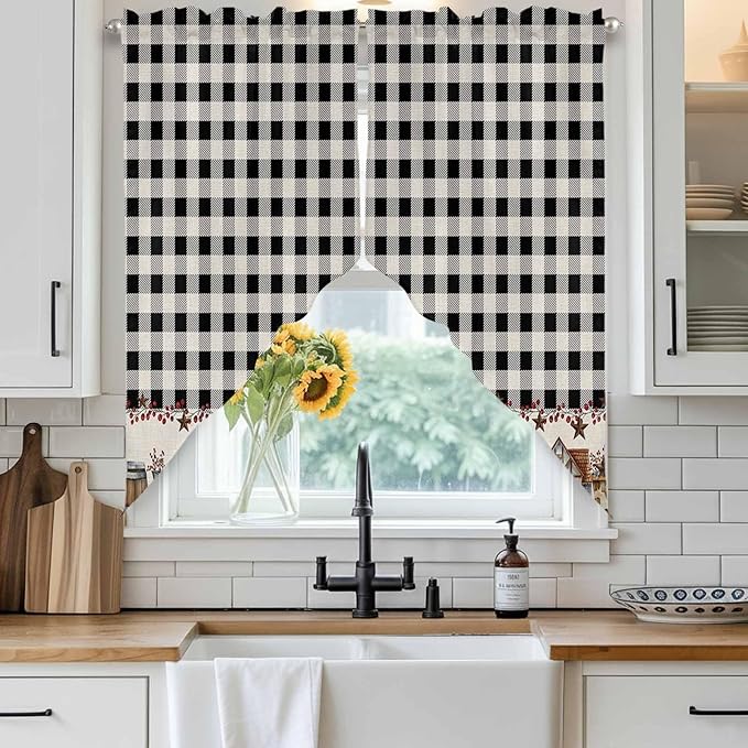 Swag Curtain Valances for Kitchen Windows,Farm Wooden House Black Buffalo Plaid Short Rod Pocket Window Valance,Western Star Swag Topper for Bedroom Living Room,2 Panels 36x63in