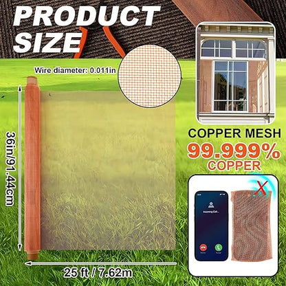 Zonon 99.999% Pure Copper Mesh Screen 36" x 25', 0.11in Wire Diameter, 16x16 Copper Mesh Roll, Strong and Durable, Conductive Metal for Lab Cages, to Keep Animals Out, Craft and Engraving