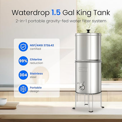 Waterdrop Gravity-fed Water Filtration System, NSF/ANSI 42&372 Certified Black Carbon Filters, Reduce Lead and Up to 99% Chlorine, with Stainless Steel Stand, 1.5 Gallons