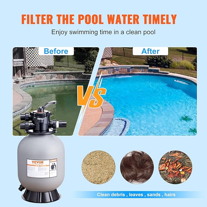 VEVOR 25023BX 16-inch, Up to 35 GPM Flow Rate, Above Inground Swimming Pool Sand System with 7-Way Multi-Port Valve, Filter, Backwash, Rinse, Recirculate, Waste, Winter, Closed Functions, Gray
