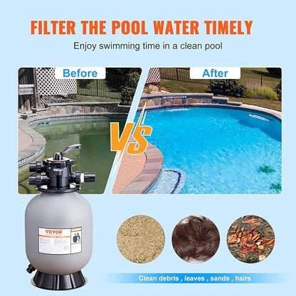 VEVOR 25023BX 16-inch, Up to 35 GPM Flow Rate, Above Inground Swimming Pool Sand System with 7-Way Multi-Port Valve, Filter, Backwash, Rinse, Recirculate, Waste, Winter, Closed Functions, Gray