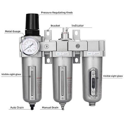 NANPU 1/2" NPT Industrial Grade 3 Stage Air Drying System - Particulate Filter, Coalescing Filter, Desiccant Dryer & Air Regulator, Metal Bowl, Auto Drain, Suitable for Paint Spray＆ Plasma Cutter