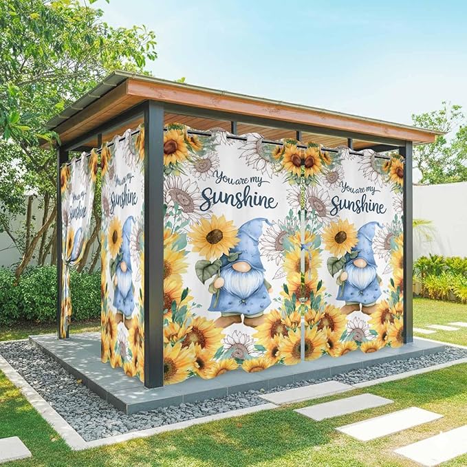 Summer Outdoor Curtains for Patio Sunflowers Gnome Eucalyptus Leaves Waterproof Outside Curtains with Grommet Top Weatherproof Curtain for Cabana Pergola Gazebo, 1 Panel, 54" W x 84" L