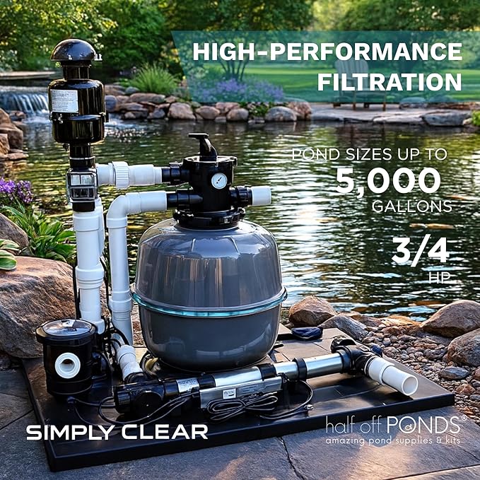 HALF OFF PONDS Simply Clear Koi Pond Filter System with 2HP Blower, UV Clarifier & 4,500 GPH Pump – Filters Ponds Up to 5,000 Gallons – Complete Kit with Bio Media, Multiport Valve, Gauge