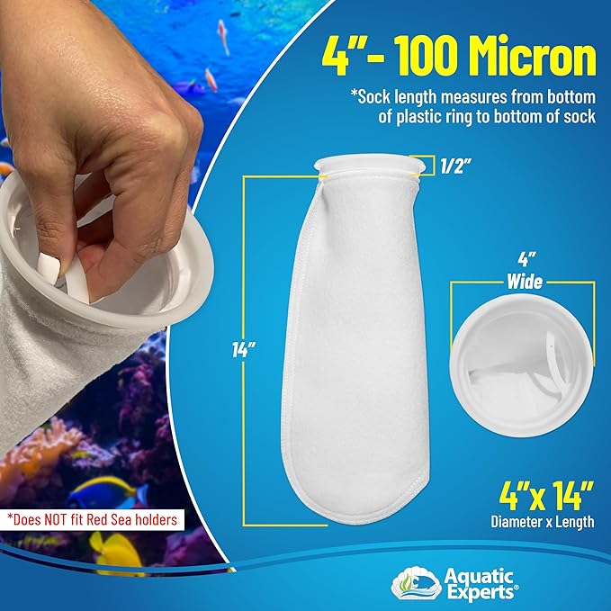 Aquatic Experts 4 inch Ring 100 Micron Felt Filter Sock - Filter Socks for Saltwater Aquarium, Sump Filter Sock, Freshwater Aquarium Socks, Reef Filter Sock (4"x14", 4 Pack)