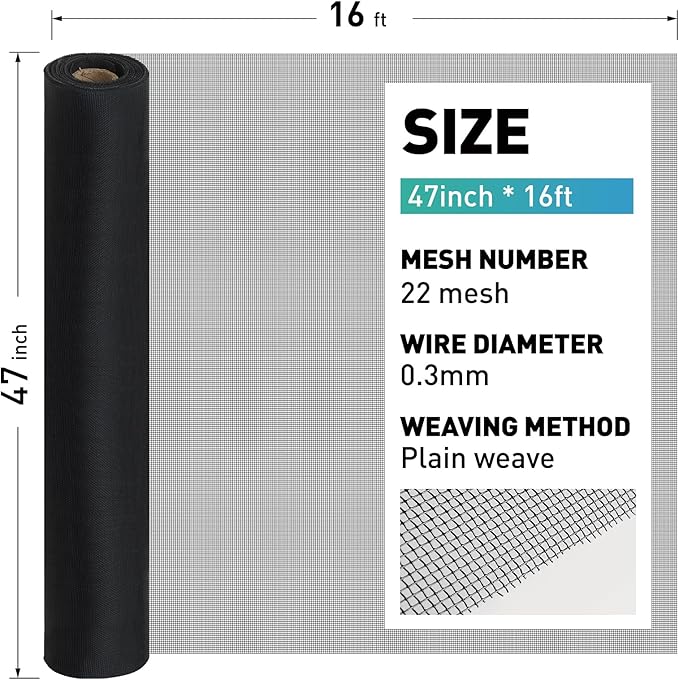 304 Stainless Steel Mesh Window Screen Roll,47IN x 16FT Black Metal Window Screen Replacement,Window Screen Mesh for Window,Door,Patio,Pet,Vent,Filter,Porch,Cage and DIY Project (22 Mesh)