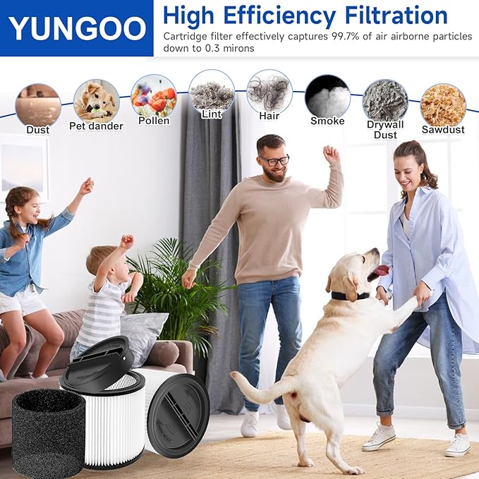Replacement Cartridge Filter Compatible with Shop Vac 90304, 90350, 90333,90585, 2 Vacuum Filters + 2 Lids + 6 Foam Sleeve Filters Fits 5 Gallon and Above Wet/Dry Vacuum Cleaners
