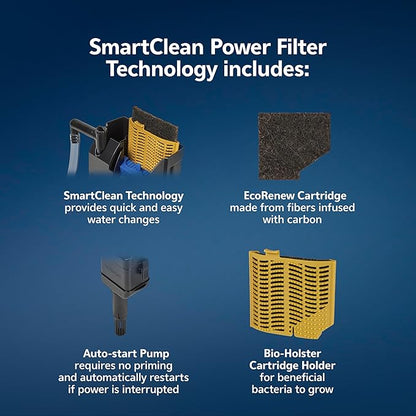 Aqueon SmartClean Power Filter with EcoRenew Filter Cartridge, Quick and Easy Water Changes, Quiet Operation, Adjustable Flow, for 10-20 Gallon Freshwater and Saltwater Aquariums, Medium