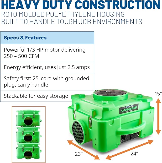 BlueDri Air Shield 550 HEPA Air Scrubber, Water Damage Restoration Equipment Air Purifier, Covers 1400 Sq. Ft, Daisy Chain Capable, For Commercial Use, Green, BD-AS-550