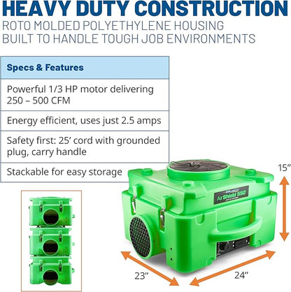 BlueDri Air Shield 550 HEPA Air Scrubber, Water Damage Restoration Equipment Air Purifier, Covers 1400 Sq. Ft, Daisy Chain Capable, For Commercial Use, Green, BD-AS-550