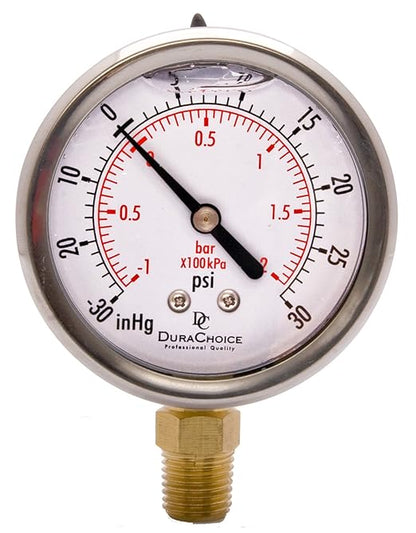 2-1/2" Oil Filled Vacuum Pressure Gauge - Stainless Steel Case, Brass, 1/4" NPT, Lower Mount Connection, 30HG/30PSI