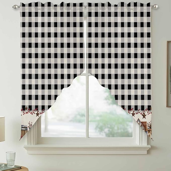 Swag Curtain Valances for Kitchen Windows,Farm Wooden House Black Buffalo Plaid Short Rod Pocket Window Valance,Western Star Swag Topper for Bedroom Living Room,2 Panels 36x63in