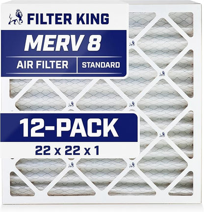 Filter King 22x22x1 Air Filter | 12-PACK | MERV 8 HVAC Pleated A/C Furnace Filters | MADE IN USA | Actual Size: 21.5 x 21.5 x .75"