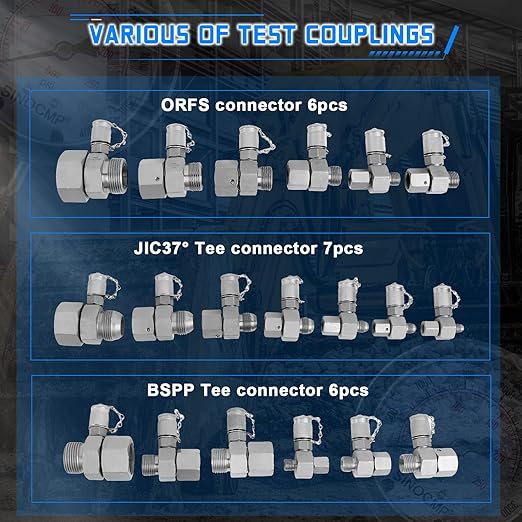 SINOCMP Hydraulic Pressure 3 Gauges(25/40/60MPa) Test Kit with 4 Test Hoses & 14 Straight Connectors & 19 Tee Connectors for Construction Machinery Excavator(Black)