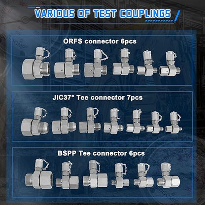 SINOCMP Hydraulic Pressure 3 Gauges(25/40/60MPa) Test Kit with 4 Test Hoses & 14 Straight Connectors & 19 Tee Connectors for Construction Machinery Excavator(Black)