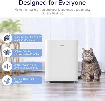 LEVOIT Air Purifier for Home Bedroom, Quiet Clean with Washable Pre-Filter for Dander, Smoke, Dust, Pollen, AHAM Verifide, Odor Eliminators for Medium Sized Rooms, Pet Hair Remover, Vital 100, White