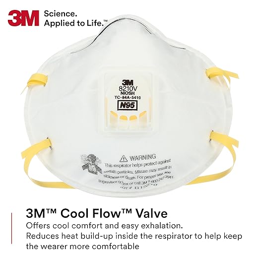 3M Particulate Respirator 8210V with Cool Flow Valve, Pack of 80, NIOSH APPROVED, Disposable, Smoke, Grinding, Sanding, Sawing, Sweeping, Woodworking, Dust
