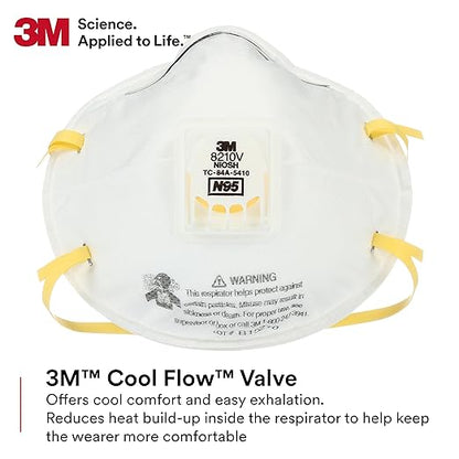 3M Particulate Respirator 8210V with Cool Flow Valve, Pack of 80, NIOSH APPROVED, Disposable, Smoke, Grinding, Sanding, Sawing, Sweeping, Woodworking, Dust