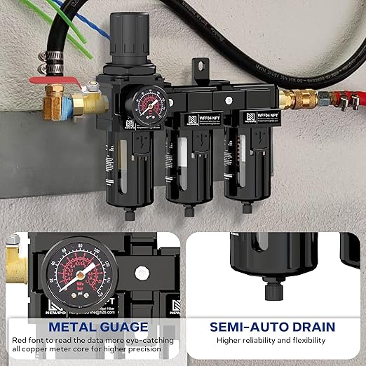 NEWPO 1/2" 3 Stage Air Drying System,Air Dryer for Compressor,Compressed Air Filter Regulator for Spray Guns,Regulator Combo 5＆0.5&0.01 Micron Filter Cartridge,Semi-Auto Drain, Metal Bracket