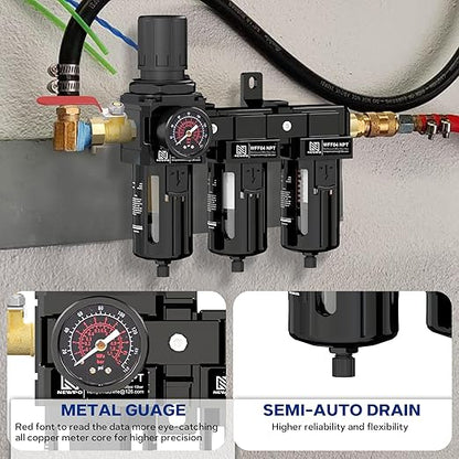 NEWPO 1/2" 3 Stage Air Drying System,Air Dryer for Compressor,Compressed Air Filter Regulator for Spray Guns,Regulator Combo 5＆0.5&0.01 Micron Filter Cartridge,Semi-Auto Drain, Metal Bracket