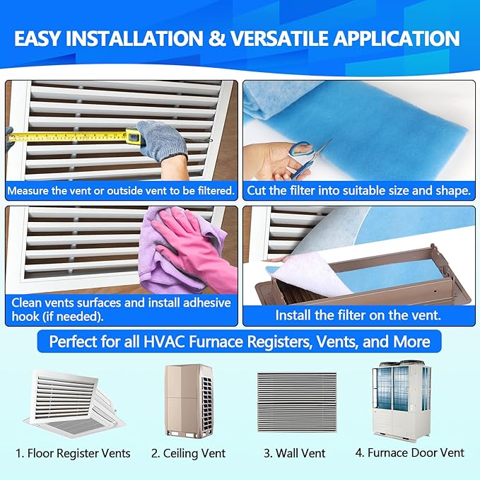 16" x120" Air Vent Filters, Cut to Fit Air Filter (65+ Filters), MERV 8 Triple Vent Filter for Home Floor, Ceiling, RV, HVAC Furnace Vents, With Adhesive Hook Tape and Installation Tape