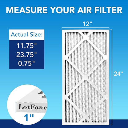 LotFancy 12x24x1 Air Filter MERV 13 6-Pack, Electrostatic Pleated HVAC Furnace Air Filter, Captures Pet Dander Smog Smoke, Actual Size: 11.75"x23.75"x0.75"