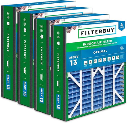 Filterbuy 20x25x5 Air Filter MERV 13 Optimal Smoke & Allergy Defense (4-Pack), Pleated HVAC AC Furnace Filters for Trion Air Bear, Generalaire, Skuttle, and More (Actual Size: 19.63 x 24.13 x 4.88)