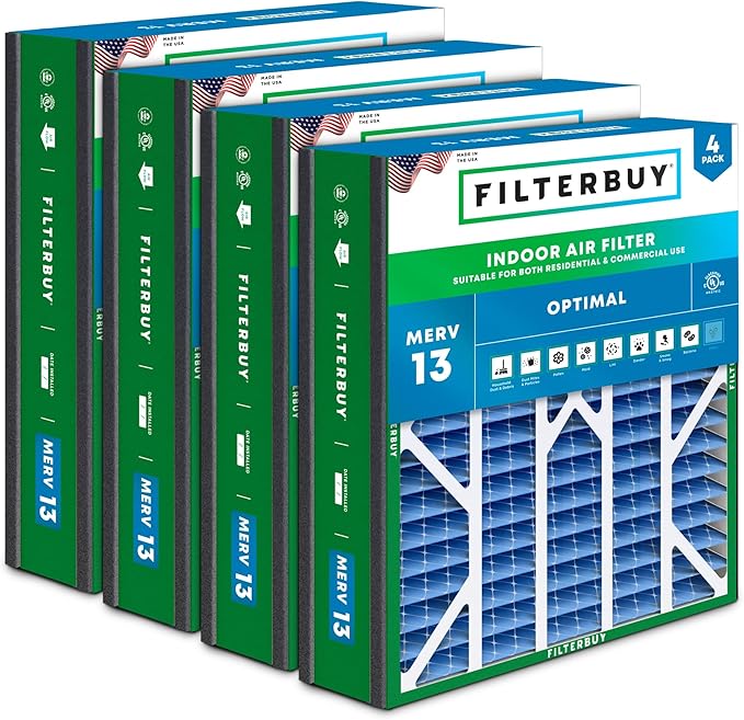 Filterbuy 20x20x5 Air Filter MERV 13 Optimal Smoke & Allergy Defense (4-Pack), Electrostatic Pleated HVAC AC Furnace Filters for Trion Air Bear 255649-103 & More (Actual Size: 19.63 x 20.63 x 4.88)