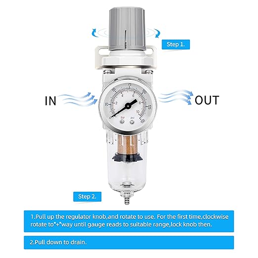 NANPU 1/4" NPT Compressed Air Filter Regulator Combo Piggyback, 5 Micron Brass Element, Poly Bowl, Semi-Auto Drain, Metal Bracket, 0-150 psi Gauge