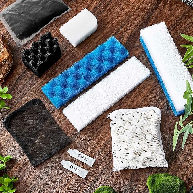 38 Pcs Compatible with Fluval 406/407 Filter Media Canister Filter Maintenance & Replacement Kit, Including Bio Sponge, Activated Carbon, Ceramic Rings, Mesh Bags, Rags, Silicone Lubricant