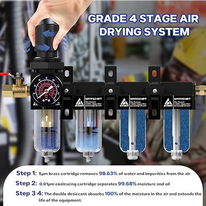 1/4" NPT 4 Stage Air Compressor Dryer System,Air Drying System Brass Filter&Coalescing Filter,Double Desiccant Dryers & Air Regulator, Semi-Auto Drain(Black)