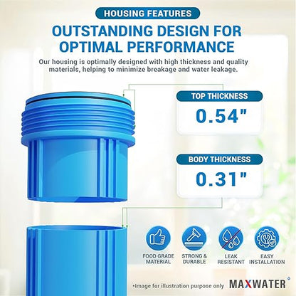 Max Water 20" x 4.5" Whole House Water Filter Housing (WHB20), 20" Sediment Carbon Filter Universal Housing (DB20P), Big Filter Blue Pre-Filtration System for Well Water, 1" NPT Port, Pressure Release