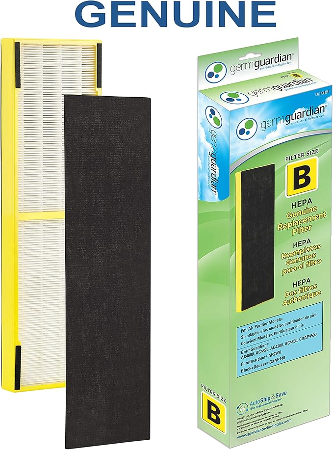 GermGuardian HEPA Pure Genuine Air Purifier Filter B, Removes 99.97% of Pollutants, Wildfire Smoke, Odors, for AC4825, AC4300, AC4900, AC4880, AC4850, CDAP4500, 2-Pack, Black/Yellow, FLT48252PK