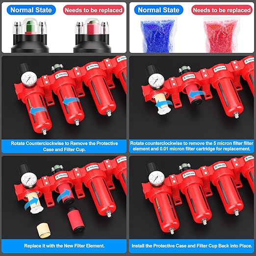 TAILONZ PNEUMATIC 0-150PSI 1/2 Inch NPT Red Industrial Grade 5 Stage Air Drying System, Particulate Filter, Coalescing Filter, Three Desiccant Dryer and Air Regulator (Manual Drainage)