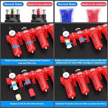 TAILONZ PNEUMATIC 0-150PSI 3/8 Inch NPT Red Industrial Grade 5 Stage Air Drying System, Particulate Filter, Coalescing Filter, Three Desiccant Dryer and Air Regulator (Manual Drainage)