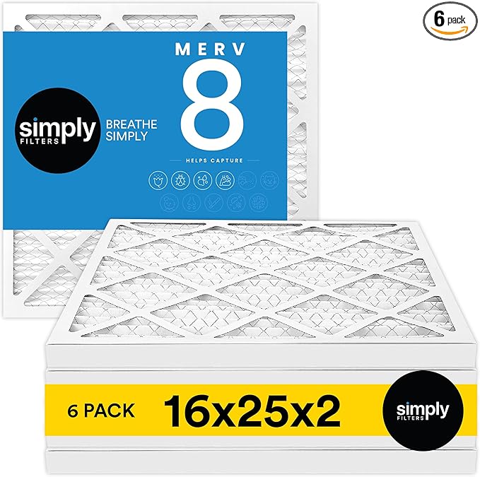 Simply 16x25x2 Air Filter, MERV 8, 6 Pack, Furnace Air Filter for HVAC (Actual Size:15.5"x24.5"x1.75") DUST, Pet, & Allergy Control