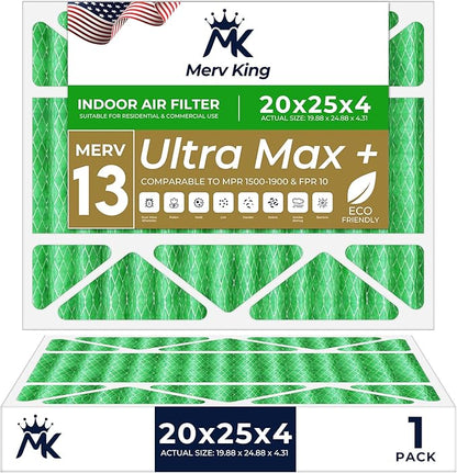 MervKing 20x25x4 Air Filter Actual Size: 19.88" x 24.88" x 4.31" MERV 13 MPR 1500-1900 | MADE IN USA | 1-Pack | Pleated HVAC AC Furnace Replacement