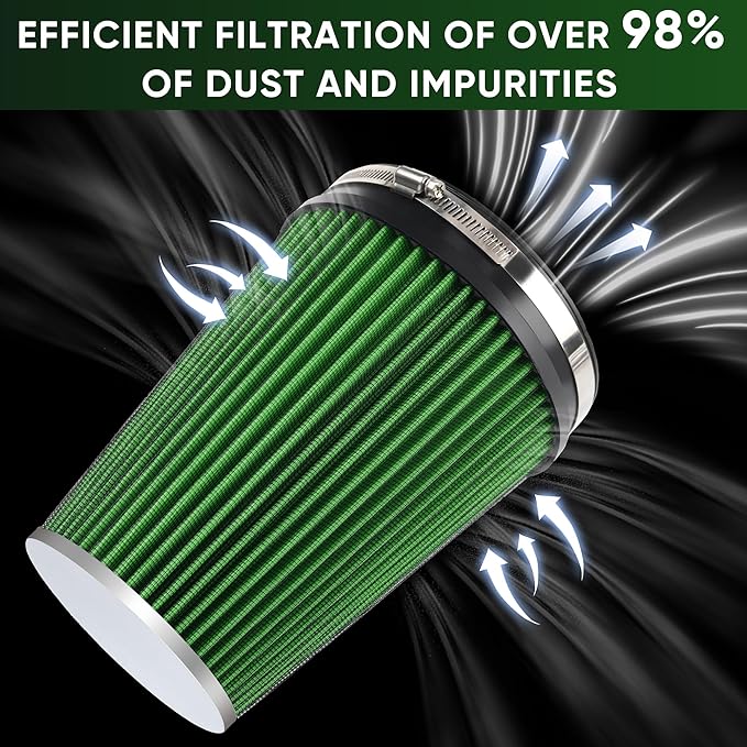 6" 152mm Cold Air Intake Filter Clamp-On Replacement High Flow Inlet Air Filter High Performance Washable Cone Filter 9" Tall Green